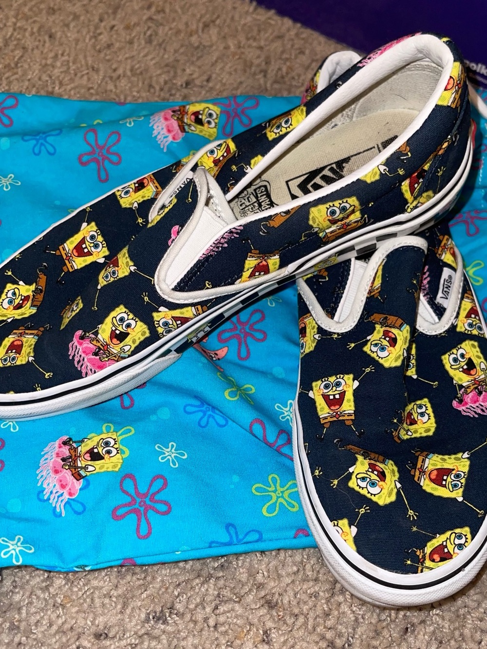 Custom Vans SpongeBob Slip-On Shoes - Navy, Yellow & Pink